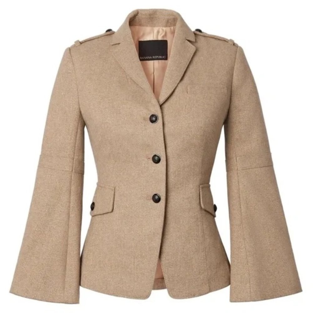 NWT $168 Banana Republic Wool-Blend Tan Lurex Military Blazer Jacket, Sz 12